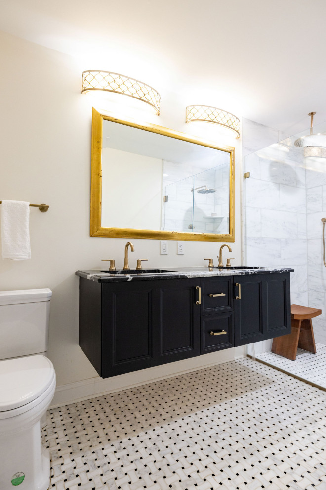 This is an example of a medium sized traditional ensuite bathroom in Baltimore with black cabinets, a built-in shower, a one-piece toilet, white walls, marble flooring, a wall-mounted sink, marble worktops, multi-coloured floors, an open shower, multi-coloured worktops, double sinks and a floating vanity unit.