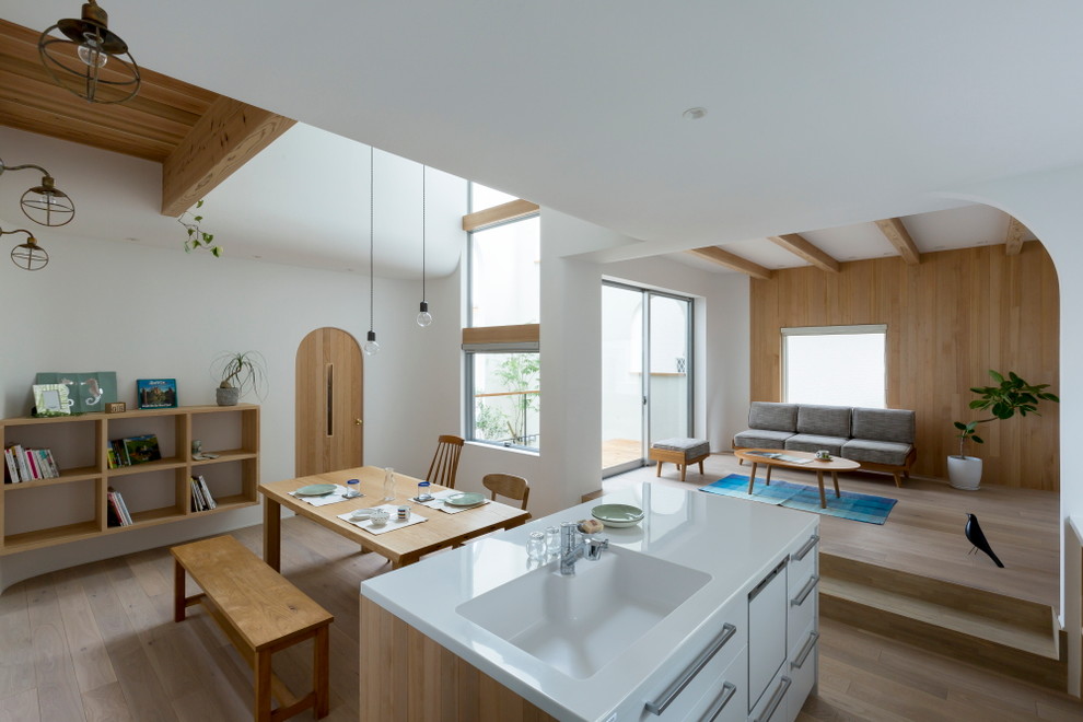 Mid-sized modern open plan kitchen in Other with light hardwood floors, an integrated sink, with island, open cabinets, light wood cabinets and beige floor.