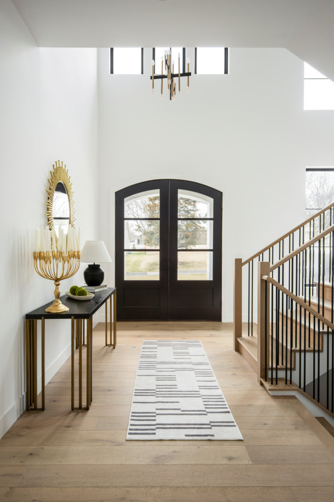 Example of a large transitional light wood floor and beige floor entryway design in St Louis with white walls and a black front door