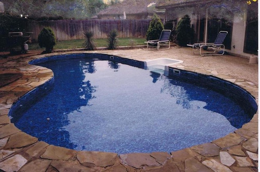 Inspiration for a large transitional backyard kidney-shaped natural pool in Dallas with natural stone pavers.