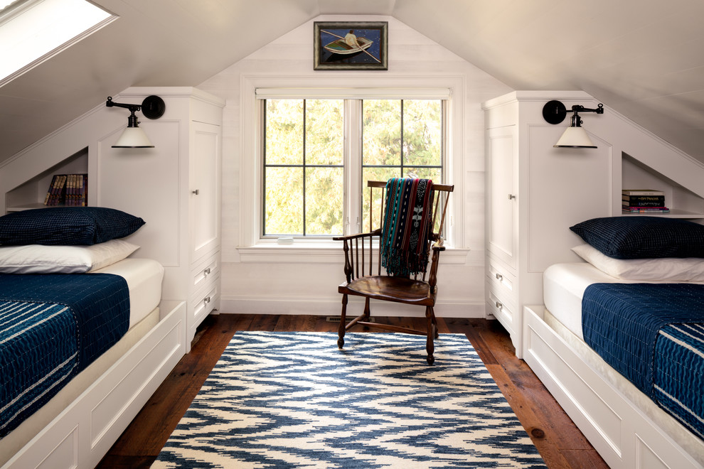 This is an example of a small beach style gender-neutral kids' bedroom in Milwaukee with white walls and dark hardwood floors.