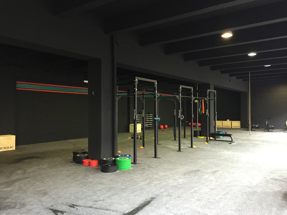 This is an example of an expansive industrial multipurpose gym in Other with black walls and concrete floors.