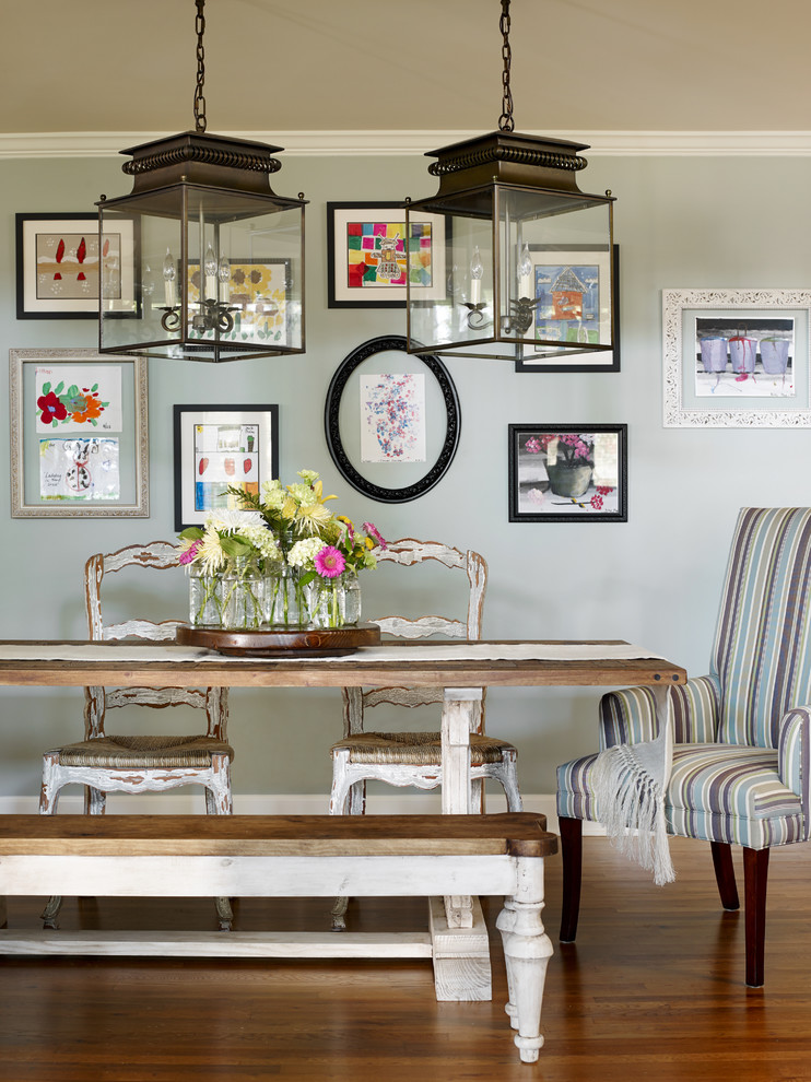 Inspiration for a large country dining room in Atlanta with grey walls, medium hardwood floors and no fireplace.