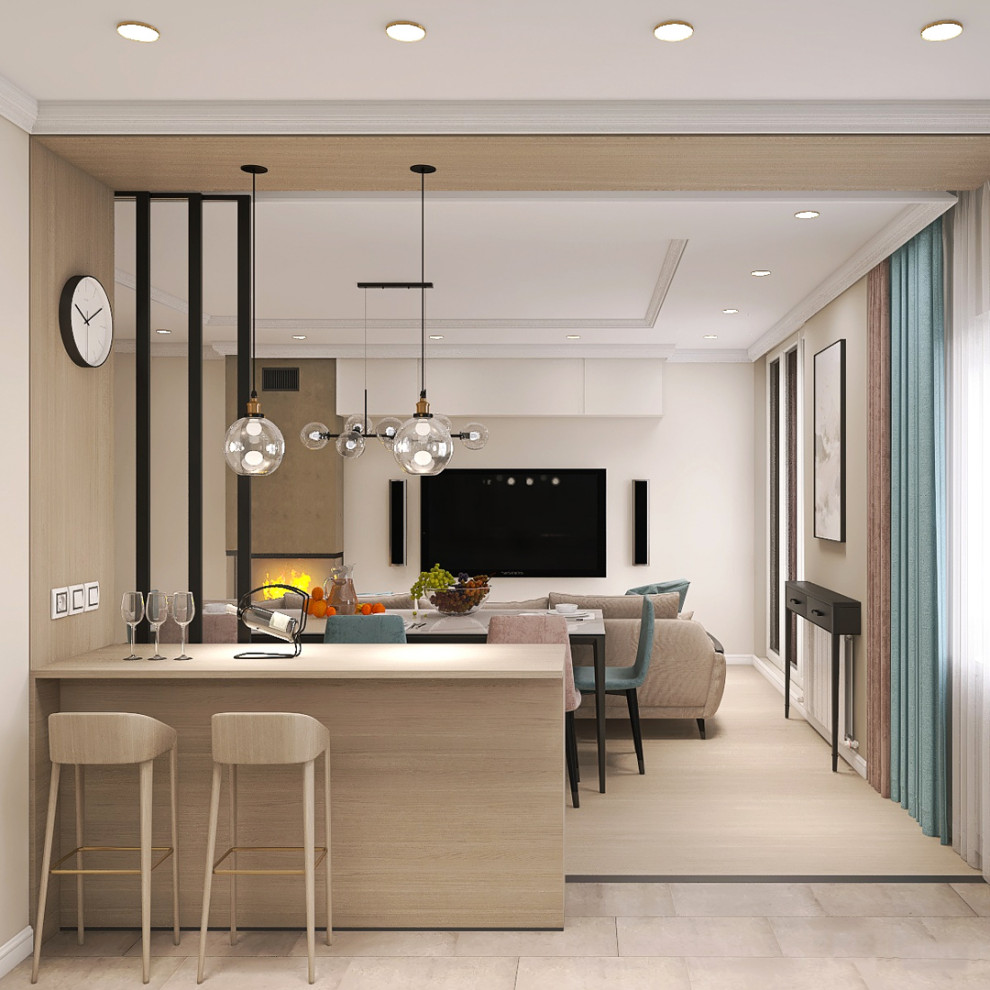 зона кухни отделена раздвижной стеклянной перегородкой