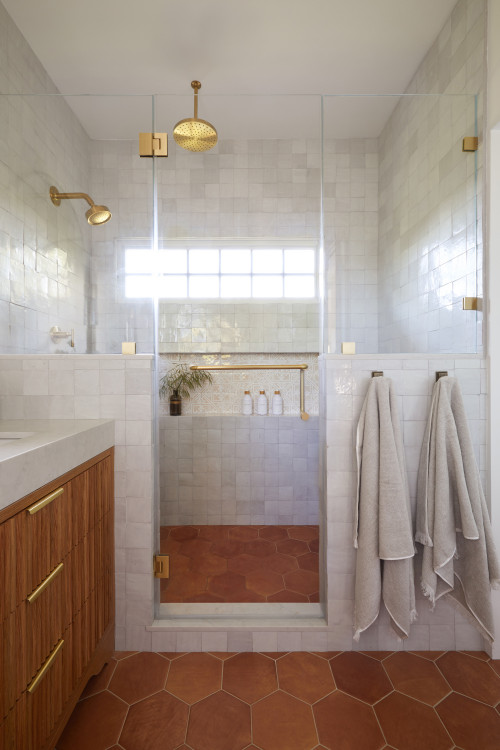 Terracotta Hexagon Floor Tiles with Wood Vanity Terracotta Hexagon Floor Tiles with Wood Vanity