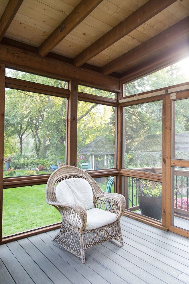 Deck - mid-sized transitional backyard deck idea with a roof extension