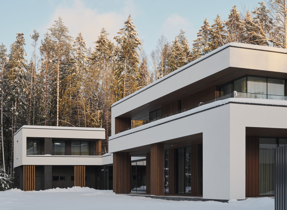 Inspiration pour une grande façade de maison blanche design en bardage à clin à un étage avec un revêtement mixte, un toit plat, un toit mixte et un toit noir.