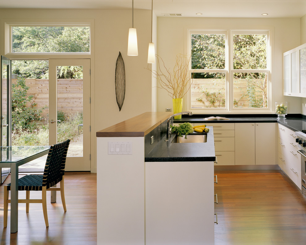 Photo of a contemporary eat-in kitchen in San Francisco with wood benchtops, a single-bowl sink, flat-panel cabinets, white cabinets and stainless steel appliances.