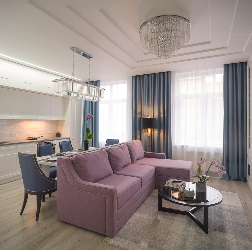 Transitional formal open concept living room in Saint Petersburg with light hardwood floors and beige floor.