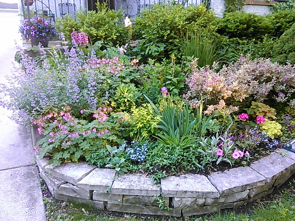 Inspiration for a small traditional front yard partial sun formal garden for summer in Chicago with a garden path and natural stone pavers.