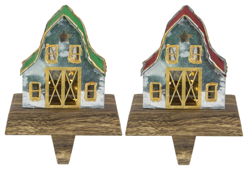Set of 2 LED Lighted Galvanized Barn Christmas Stocking Holders 5.5" Modern Christmas