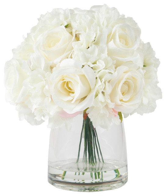 Artificial white rose/hydrangea flower arrangement in a rose gold mirrored vase 
