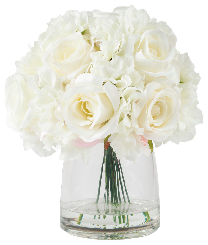 Pure Garden Hydrangea and Rose Floral Arrangement With Vase, Cream