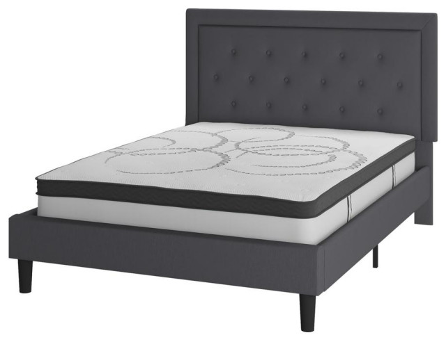 Roxbury Queen Size Tufted Upholstered Platform Bed in Dark Gray Fabric with...