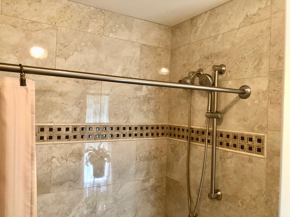 Transitional 3/4 brown tile and porcelain tile shower curtain photo in DC Metro