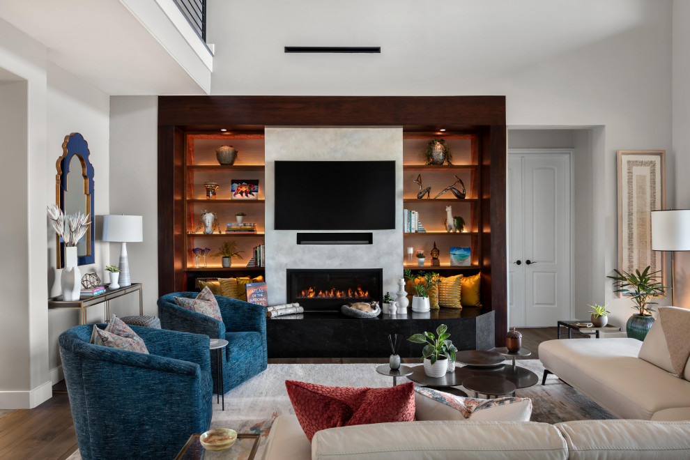 Design ideas for a contemporary living room in Austin with a ribbon fireplace and a concrete fireplace surround.