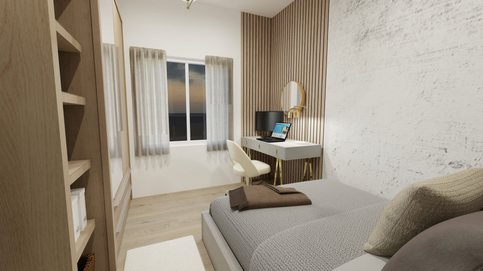 Ispirazione per una piccola cameretta da letto contemporanea con pareti beige, parquet chiaro, pavimento beige e pannellatura