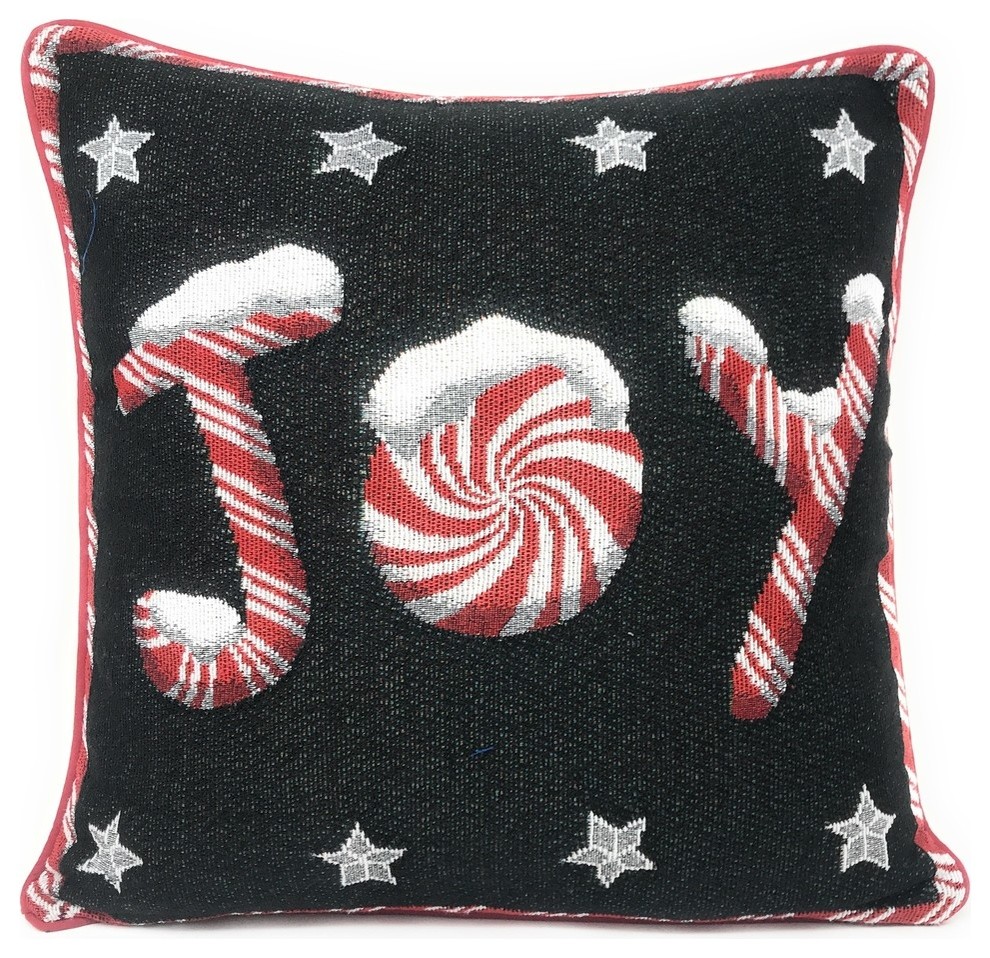 Peppermint Joy Stars Black Red White Tapestry Throw Pillow Cover 16 x 16, 2 Pcs