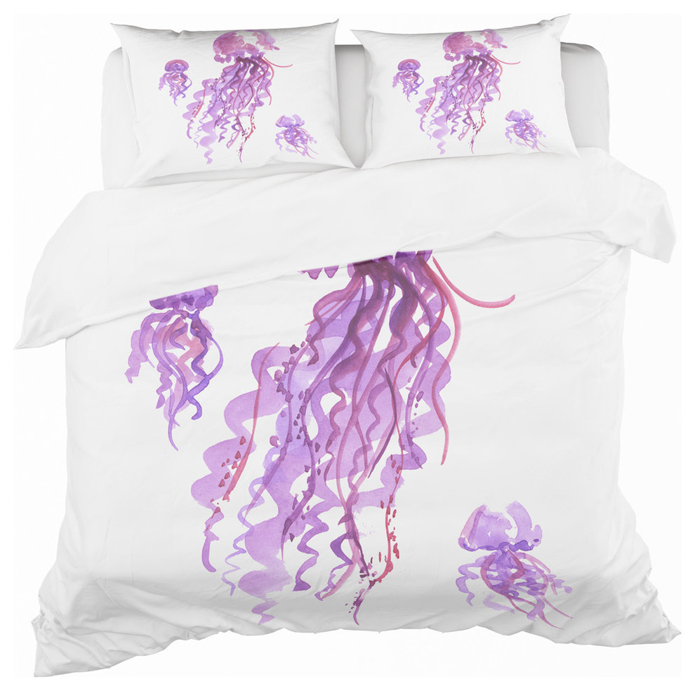 Purple Jellyfish Watercolor Nautical and Coastal Duvet Cover Set, King