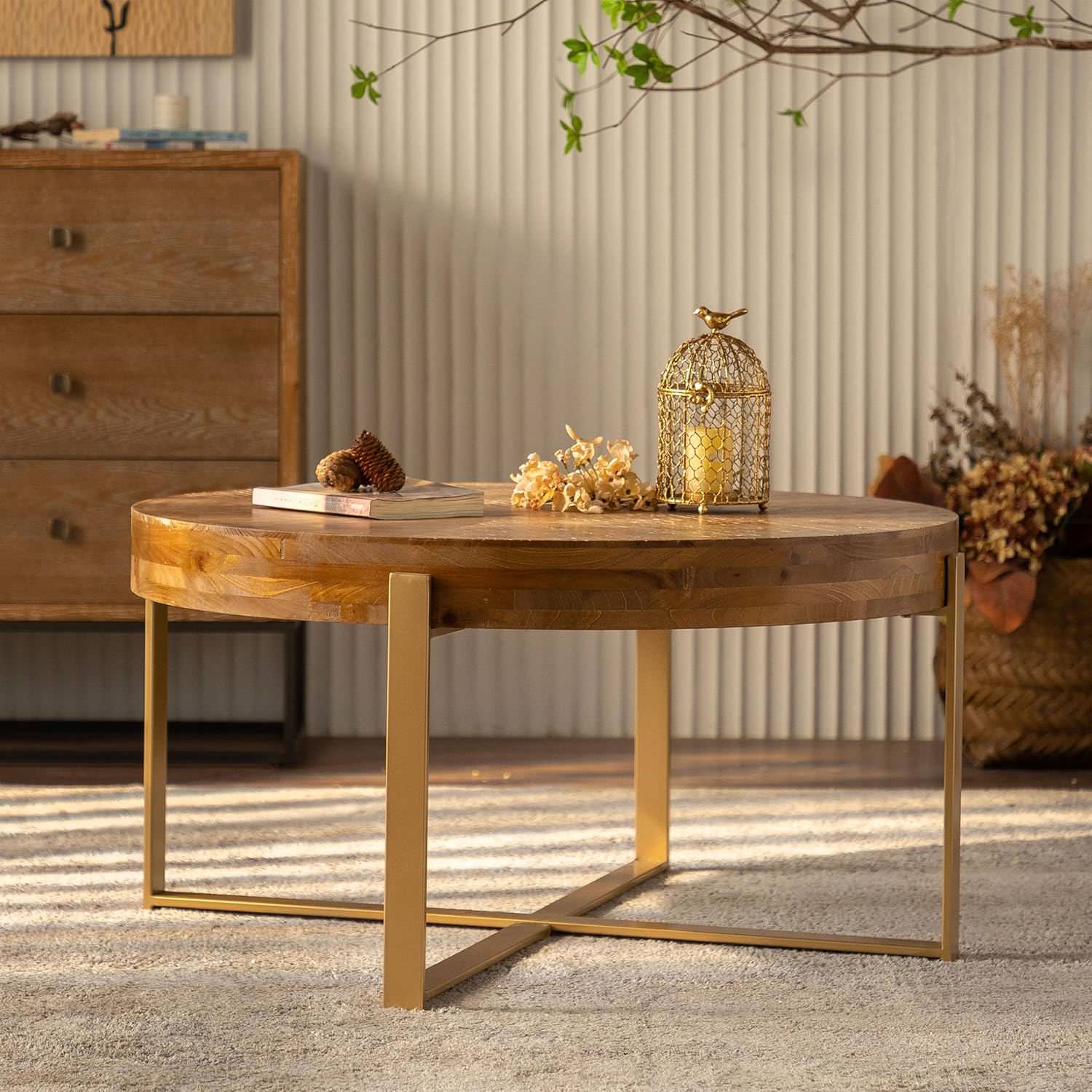 Modern Retro Splicing Round Coffee Table - Fir Wood Table Top with Gold Cross Legs Base