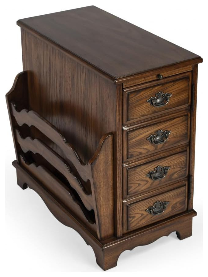 Classic End Table, Unique Design With Storage Drawers & Open Compartments, Brown Traditional