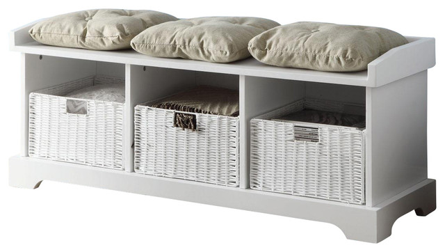 Casual Entryway Storage Bench w/ 3 Cushions Built-in Woven Baskets, White