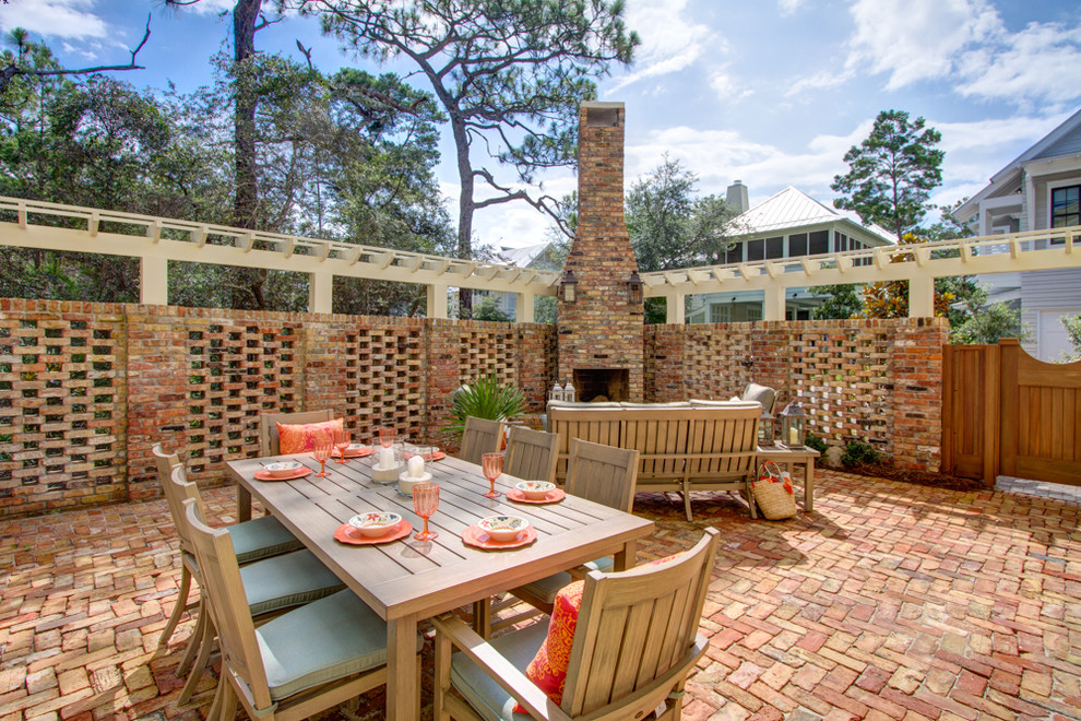 Photo of a beach style backyard patio in Atlanta with a fire feature, brick pavers and no cover.