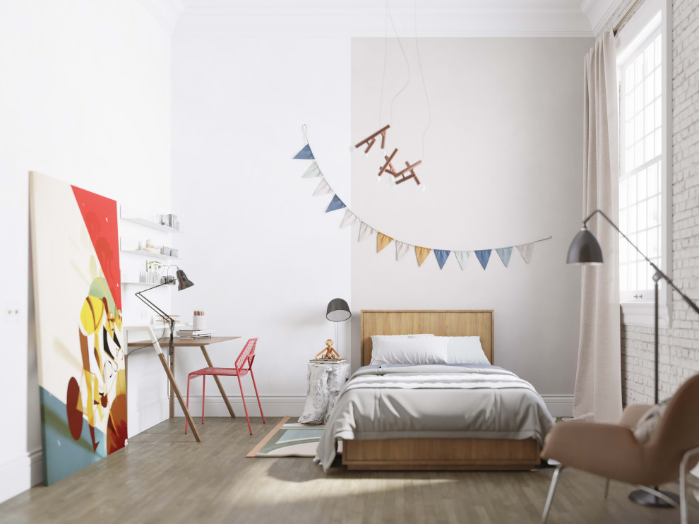Идея дизайна: большая нейтральная детская в скандинавском стиле с спальным местом, белыми стенами, паркетным полом среднего тона, бежевым полом, балками на потолке и кирпичными стенами для ребенка от 4 до 10 лет