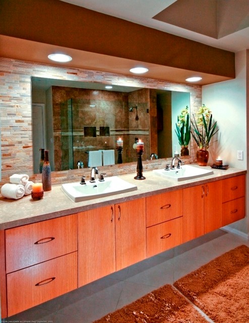 Palm Desert Contemporary Bath With Rift Cut Oak Floating Cabinets