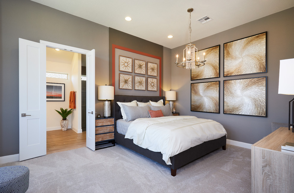Inspiration for a mid-sized contemporary master bedroom in Austin with grey walls, carpet and beige floor.