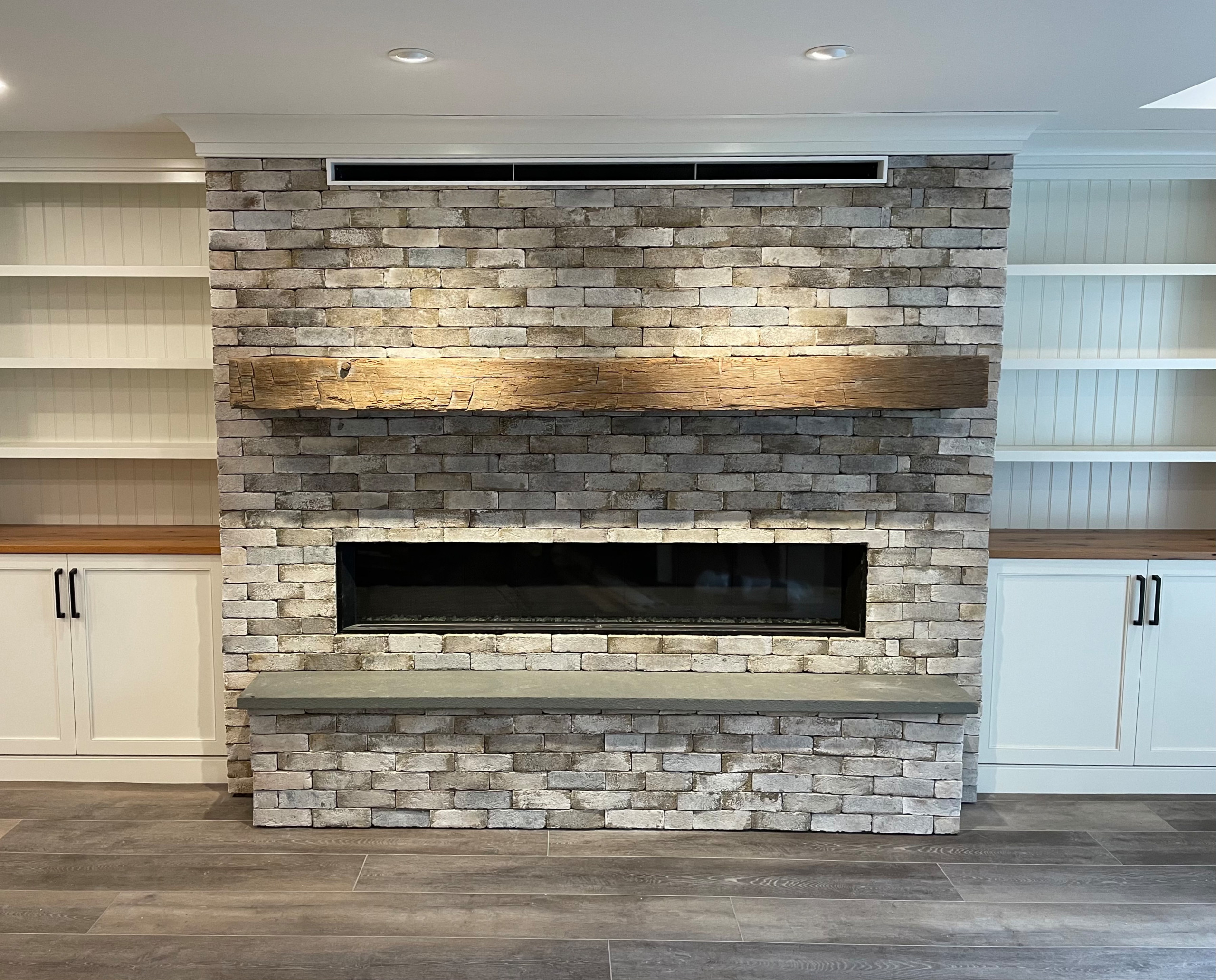 Indoor brick fireplace