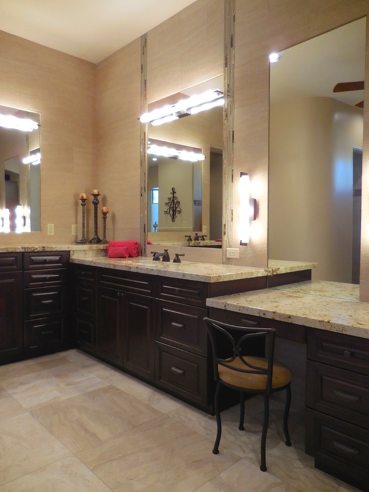 Inspiration for an expansive contemporary master bathroom in Phoenix with an undermount sink, raised-panel cabinets, dark wood cabinets, granite benchtops, an open shower, beige tile, porcelain tile and marble floors.