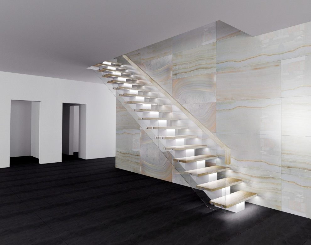 Центральный металлический каркас+ступени(Ясень)+стеклянное ограждение