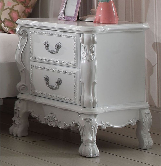 Wooden Two Drawer Nightstand With Motif Engraved Feet, Antique White