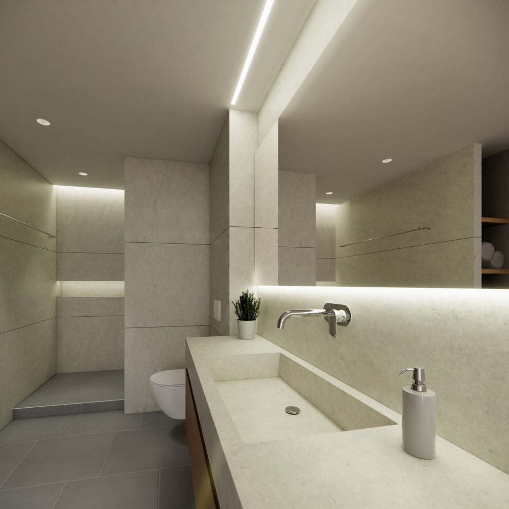 Exempel på ett litet modernt beige beige badrum med dusch, med våtrum, en vägghängd toalettstol, beige väggar, klinkergolv i keramik, ett avlångt handfat, bänkskiva i kvartsit, grått golv och med dusch som är öppen