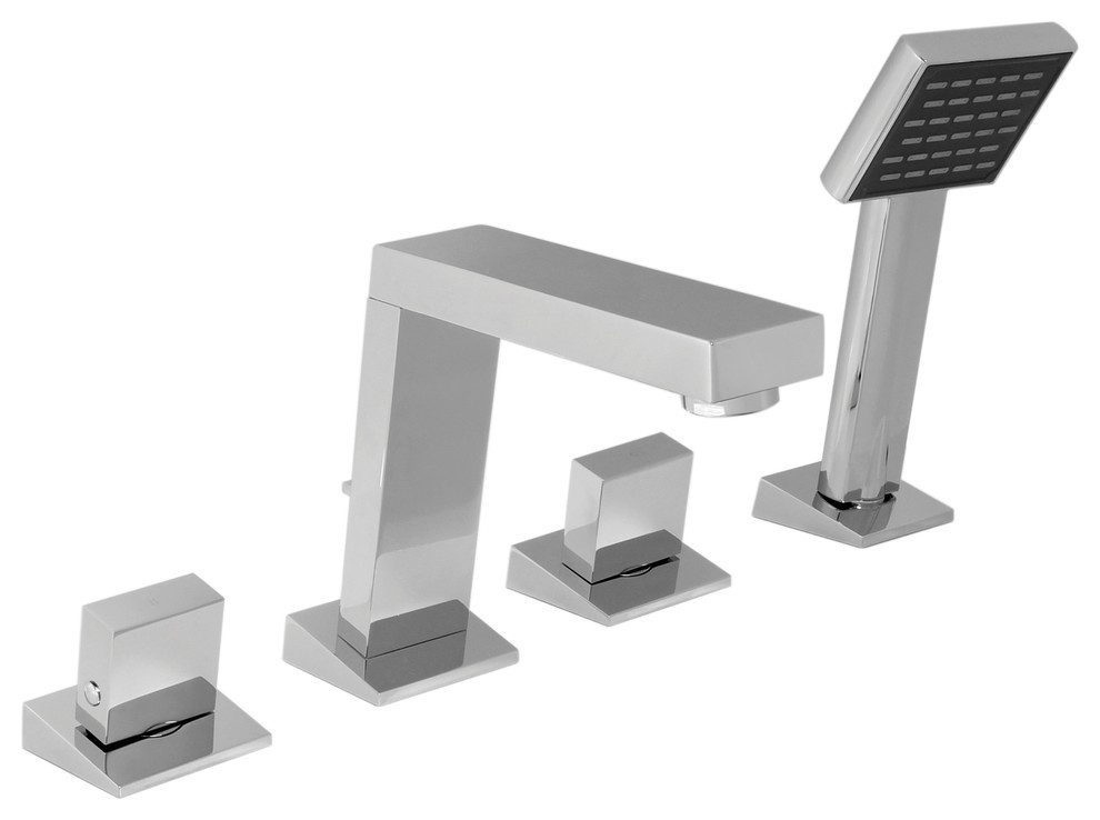 Angled Chrome Single Square Handle Roman Tub Faucet and Hand Shower