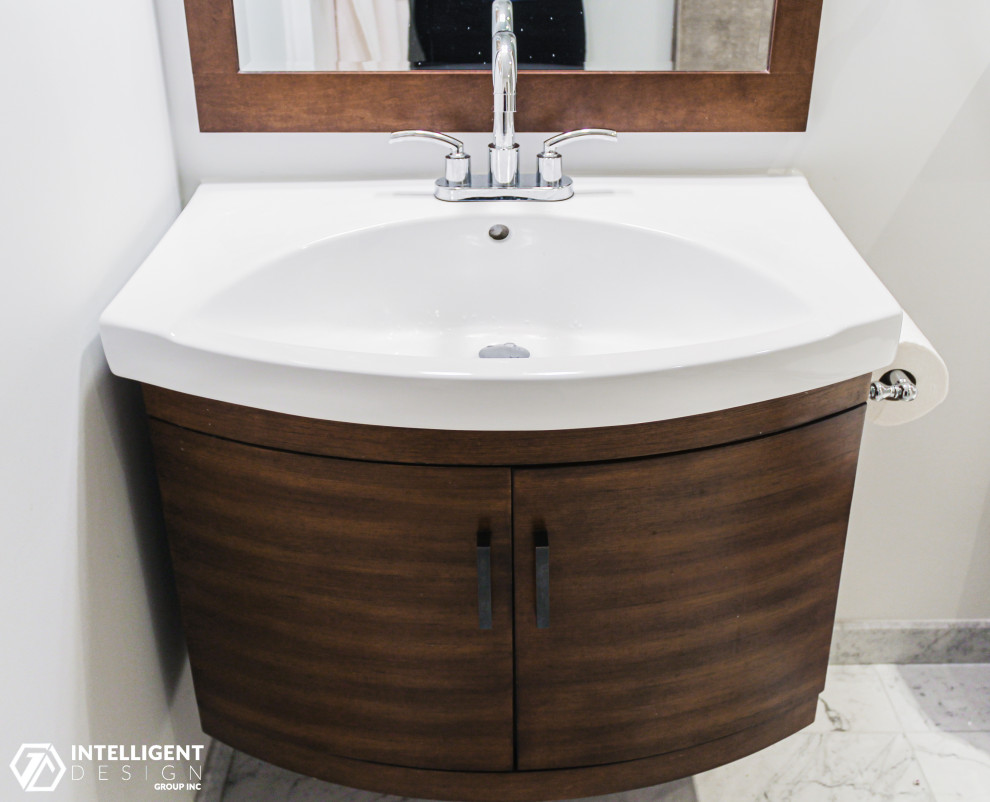 Mid-sized transitional master white tile and marble tile white floor and double-sink alcove bathtub photo in Toronto with flat-panel cabinets, dark wood cabinets, white walls and a floating vanity