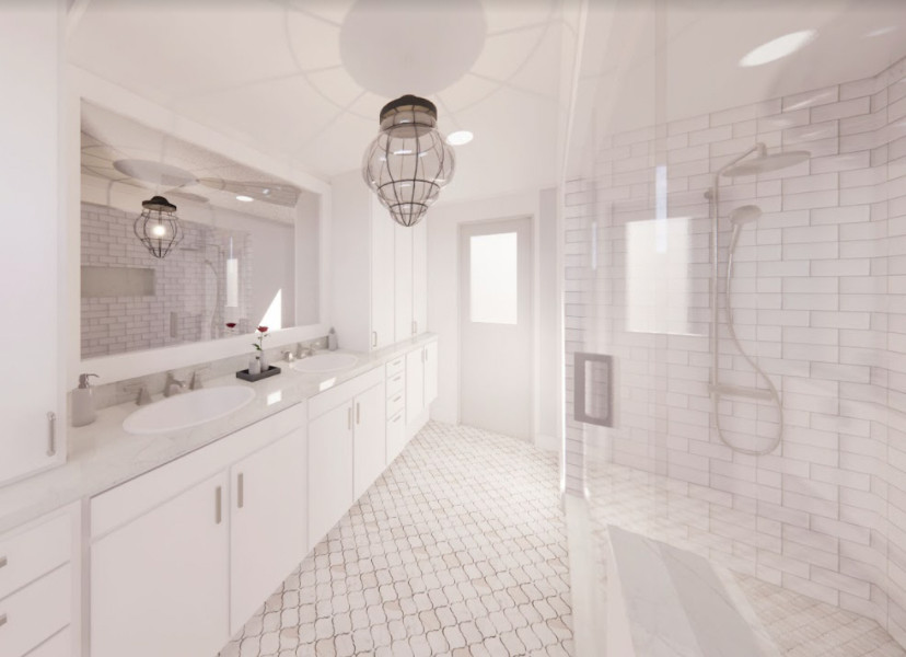 Свежая идея для дизайна: главная, серо-белая ванная комната среднего размера в современном стиле с плоскими фасадами, белыми фасадами, душем в нише, унитазом-моноблоком, белой плиткой, керамогранитной плиткой, белыми стенами, полом из керамогранита, врезной раковиной, столешницей из кварцита, белым полом, душем с распашными дверями, разноцветной столешницей, тумбой под две раковины и встроенной тумбой - отличное фото интерьера