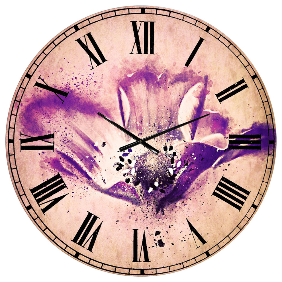 Stylized Watercolor Poppy Flower Floral Round Metal Wall Clock, 36x36 ...