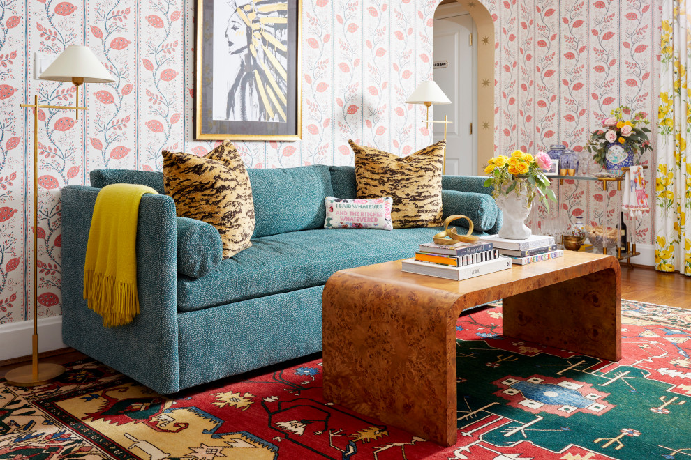 Eclectic enclosed living room in Cincinnati with multi-coloured walls and wallpapered walls.