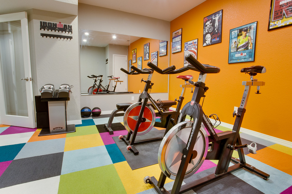 Mid-sized contemporary multipurpose gym in Denver with grey walls, carpet and multi-coloured floor.
