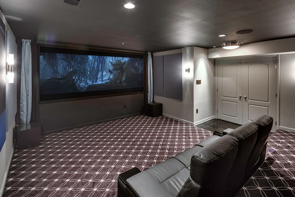 Mid-sized contemporary enclosed home theatre in Baltimore with grey walls, carpet and a projector screen.