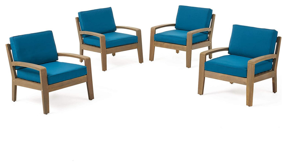 4 Pack Outdoor Lounge Chair, Acacia Wood Frame and Padded Dark Teal