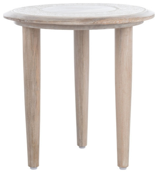 Hannah Carved Side Table, White Wash Midcentury Side Tables And End
