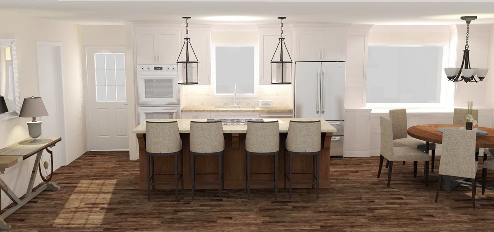 Mid-sized transitional single-wall dark wood floor and brown floor eat-in kitchen photo in Minneapolis with an undermount sink, recessed-panel cabinets, white cabinets, quartz countertops, white backsplash, marble backsplash, stainless steel appliances and an island