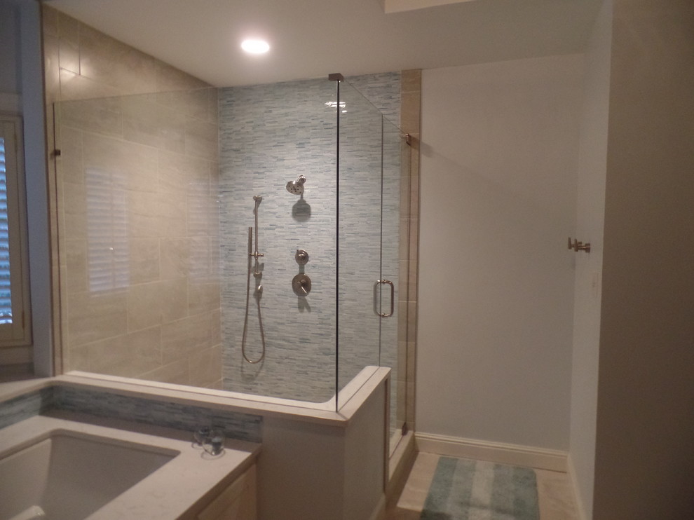 Design ideas for a large transitional master bathroom in Nashville with an undermount sink, shaker cabinets, white cabinets, engineered quartz benchtops, an undermount tub, a shower/bathtub combo, a two-piece toilet, blue tile, blue walls and porcelain floors.