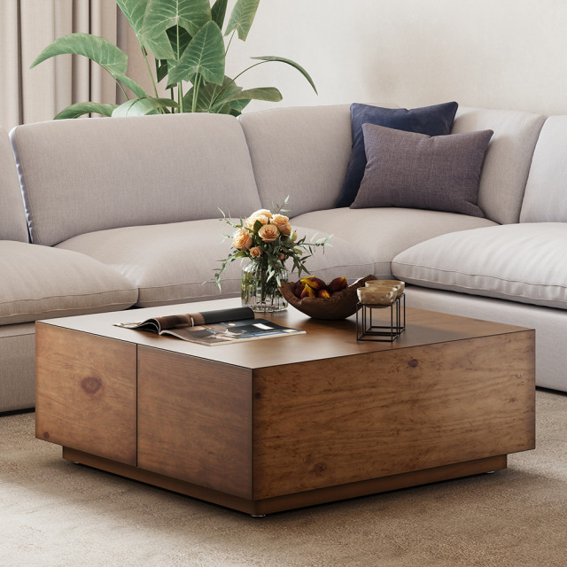 Japandi Square Coffee Table With 4 Drawers Storage Wooden Pedestal ...