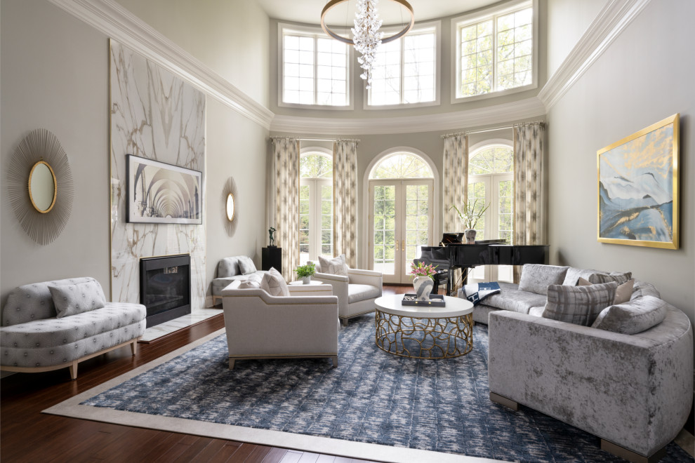 Inspiration for a large classic formal open plan living room in New York with grey walls, dark hardwood flooring, a two-sided fireplace, a tiled fireplace surround, a wall mounted tv, brown floors and a coffered ceiling.