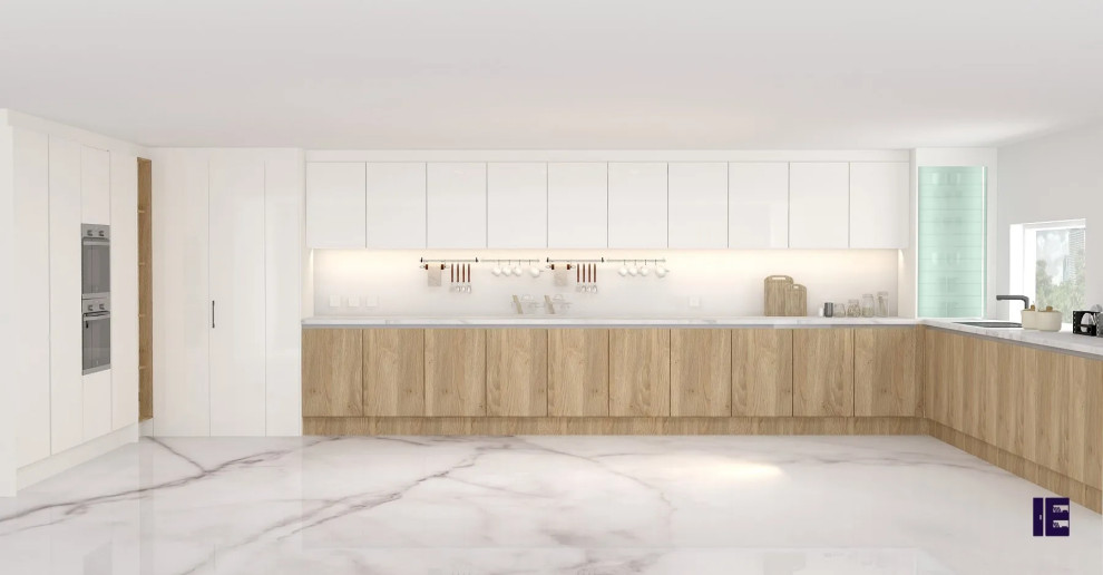 This is an example of a large contemporary l-shaped kitchen/diner in London with flat-panel cabinets, medium wood cabinets and feature lighting.