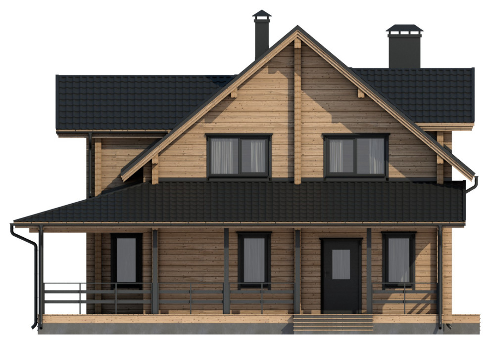 Inspiration for a mid-sized country two-storey brown house exterior in Moscow with wood siding, a gable roof and a black roof.